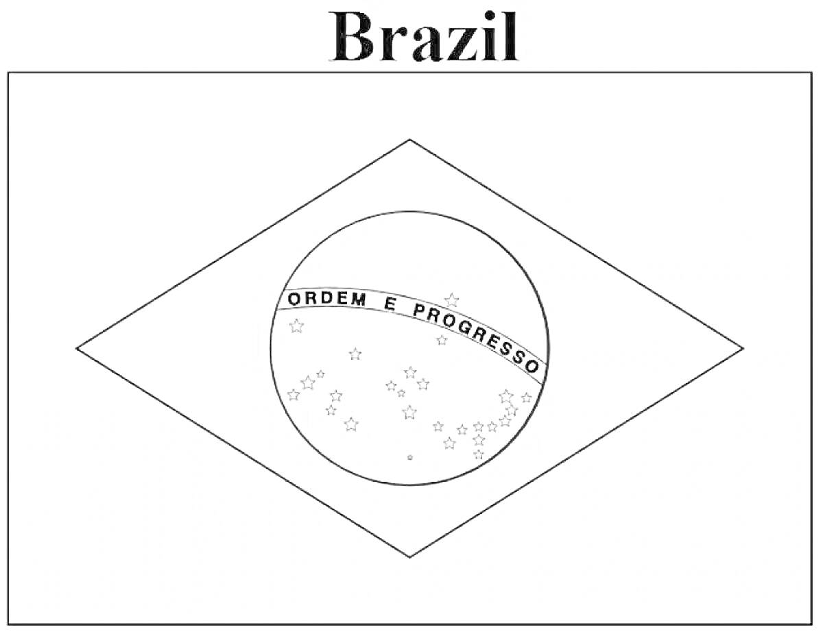 Раскраска флаг Бразилии с ромбом, кругом и надписью 