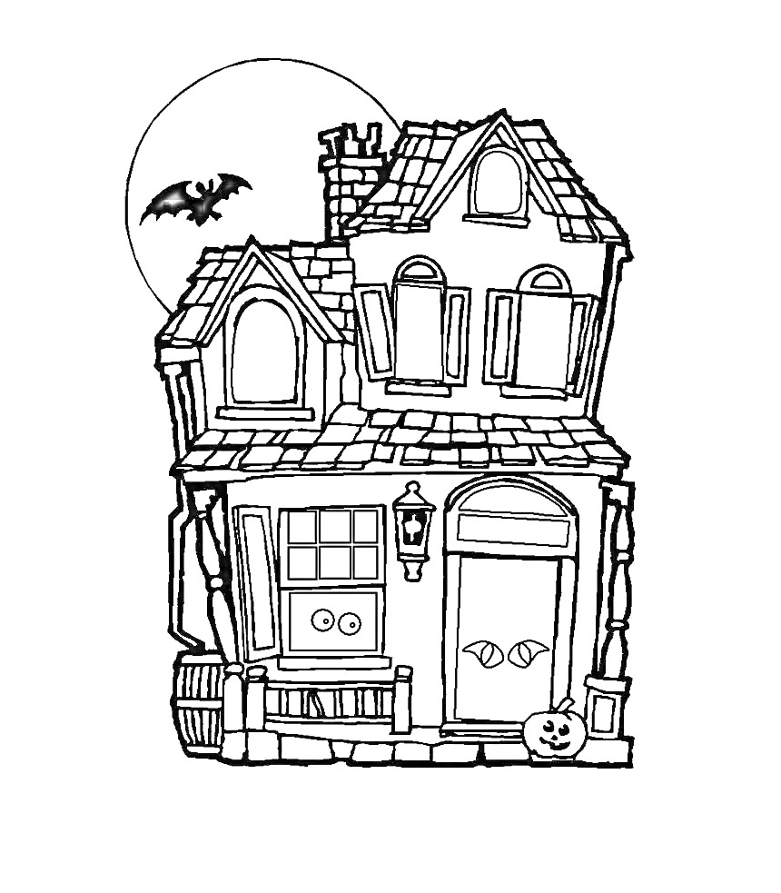 Раскраска Дом с тыквой, светильником, окнами с глазами, летучей мышью и полной луной