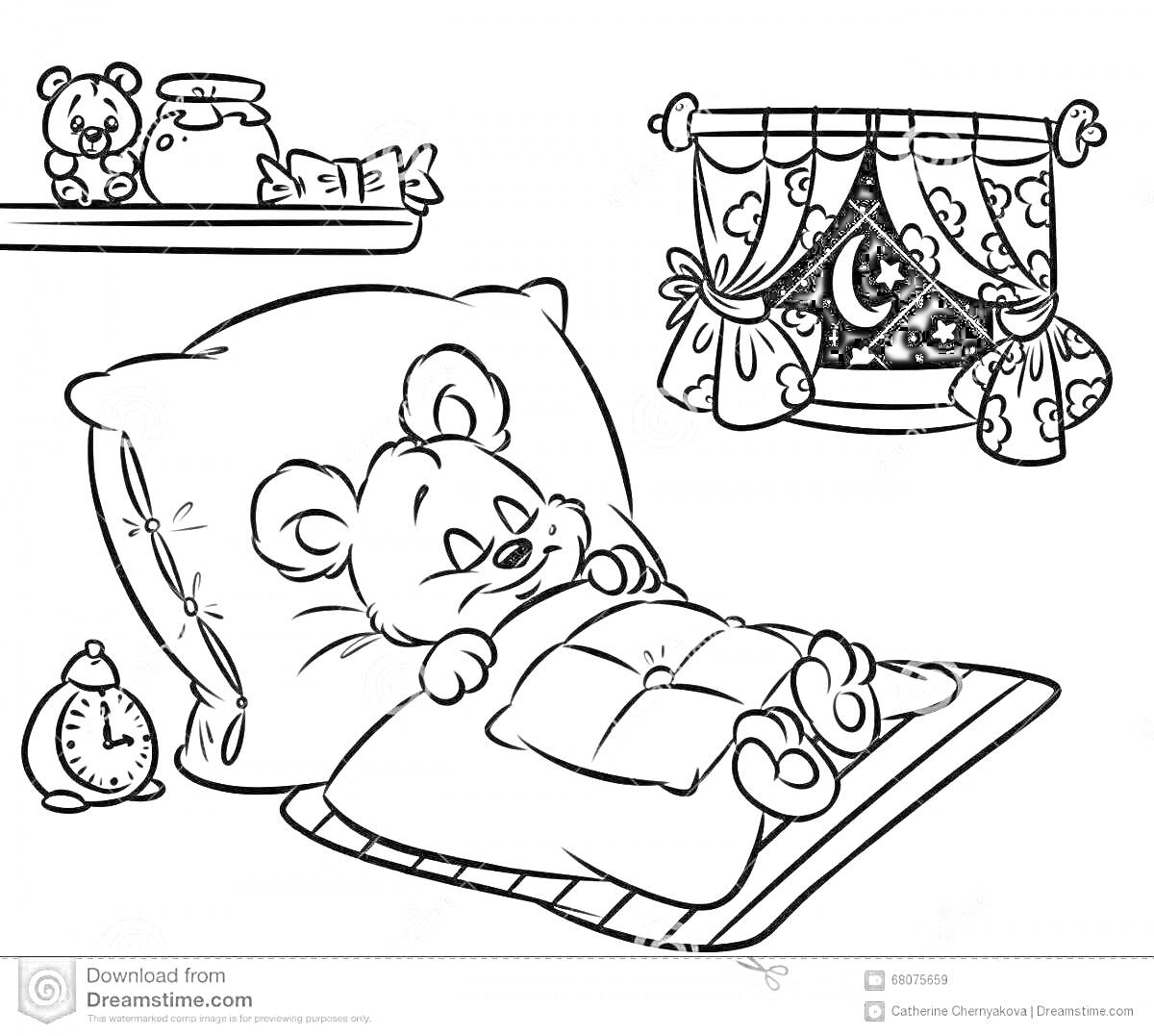 Раскраска Спящий мишка в кровати под одеялом, будильник, картина на стене, полка с книгами и игрушками, окно с ночным небом и занавесками