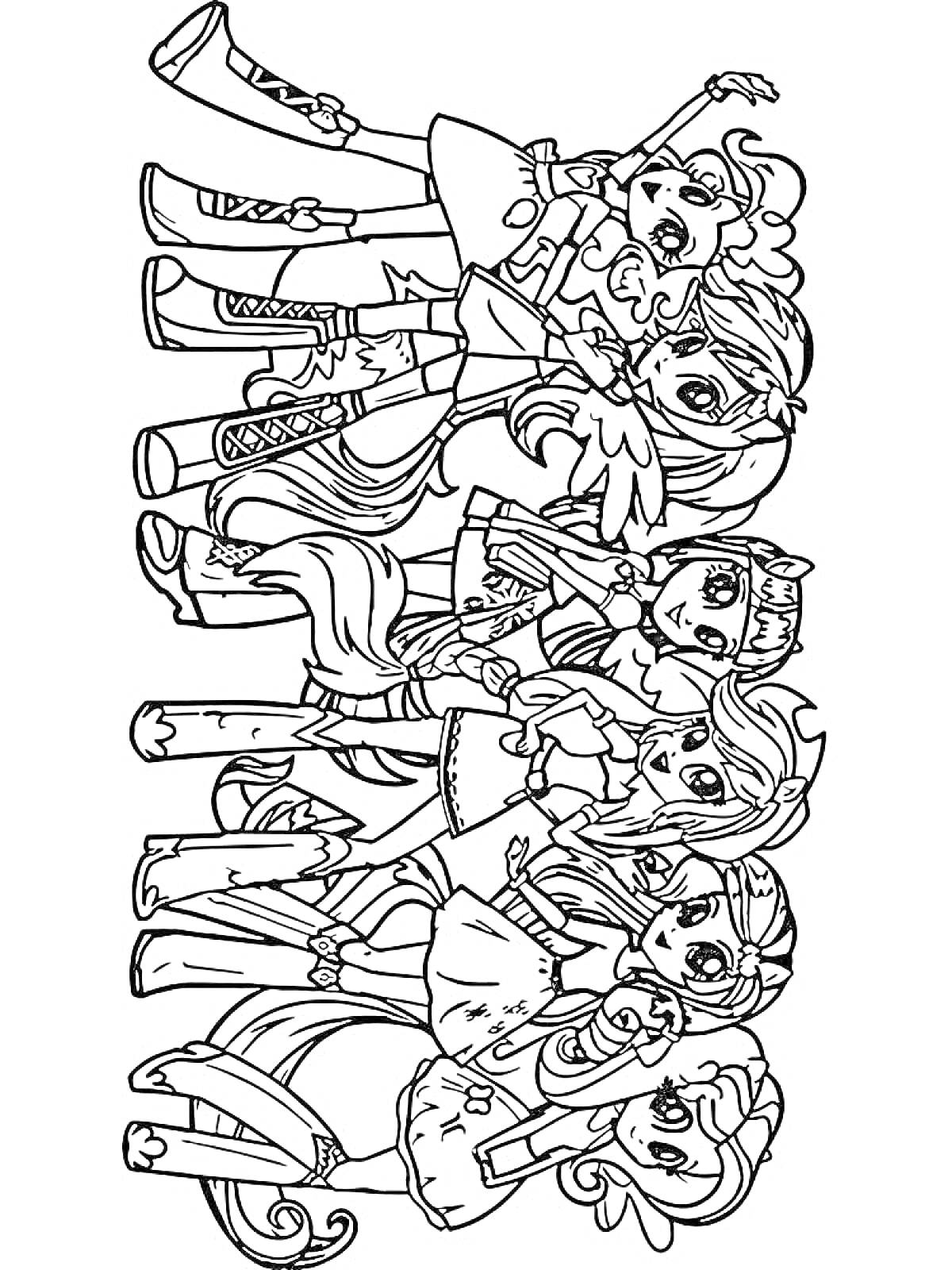 Раскраска Раскраска с шестью Эквестрия Герлз, стоящими в линию, с аксессуарами и стильными нарядами