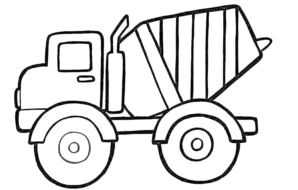 Бетономешалка с двумя большими колесами, кабиной водителя и баком для перемешивания бетона