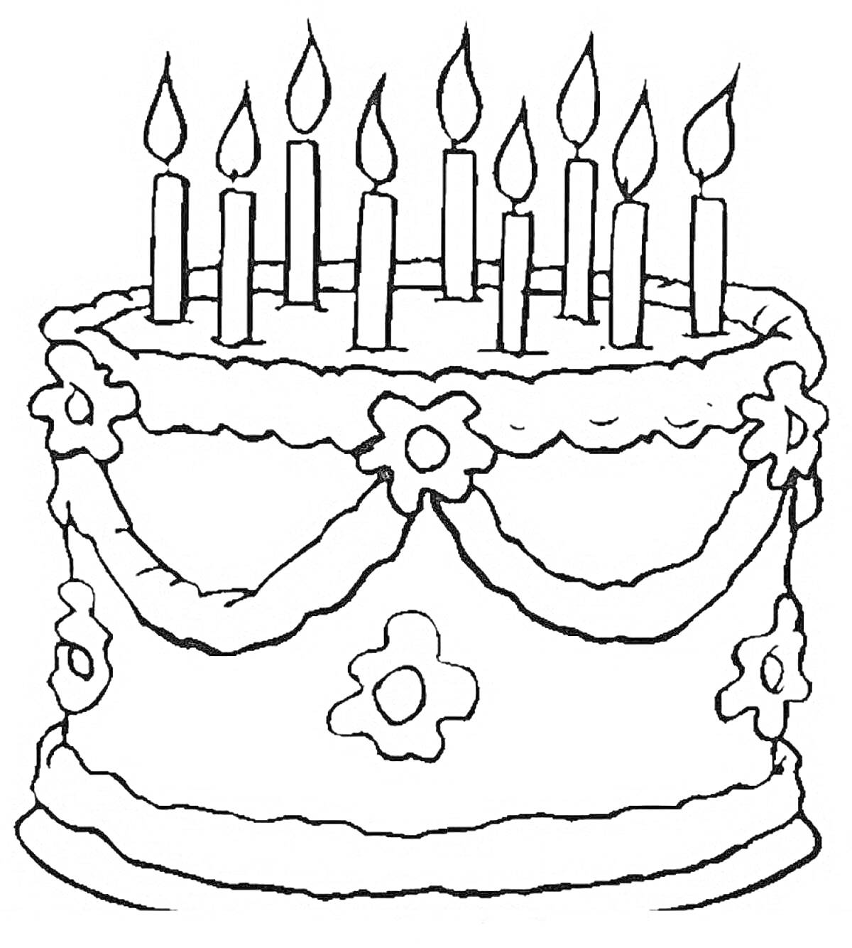Раскраска торт со свечами, украшенный цветами и лентами
