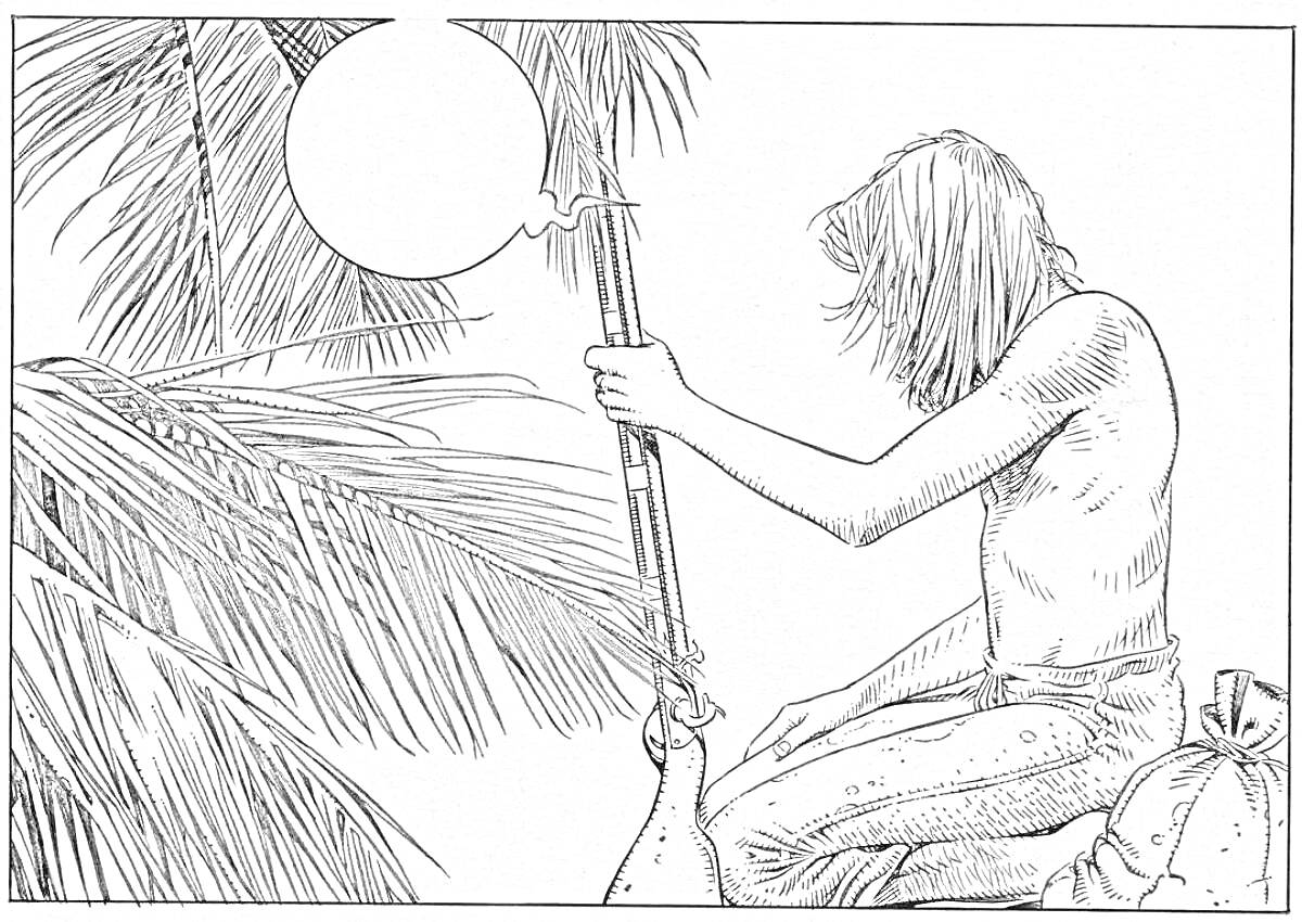 Раскраска Робинзон Крузо сидит на дереве с ружьем, рядом мешок с припасами и пальмовый лист.