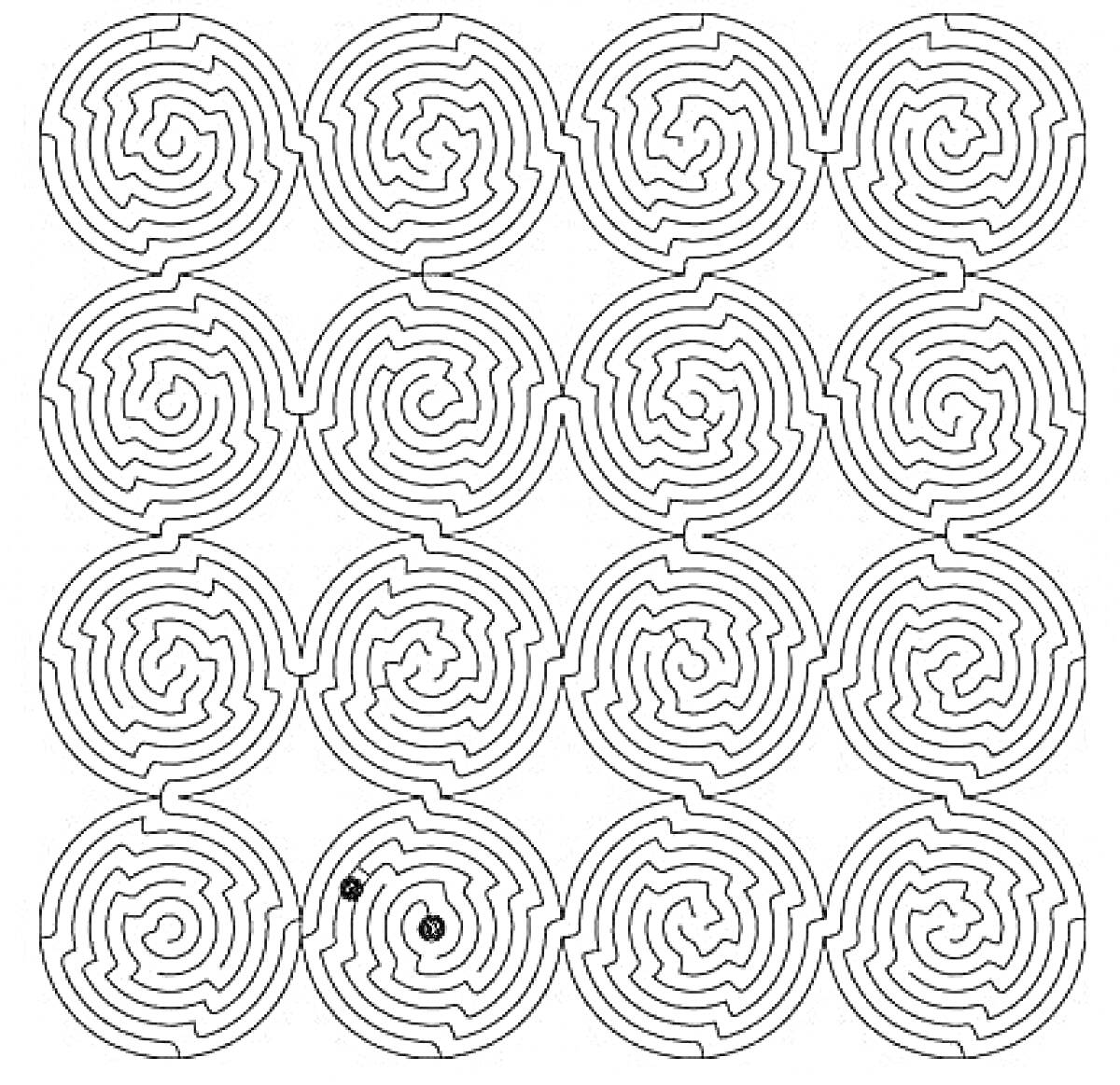 Раскраска Черно-белая раскраска спираль из 16 кругов с лабиринтом