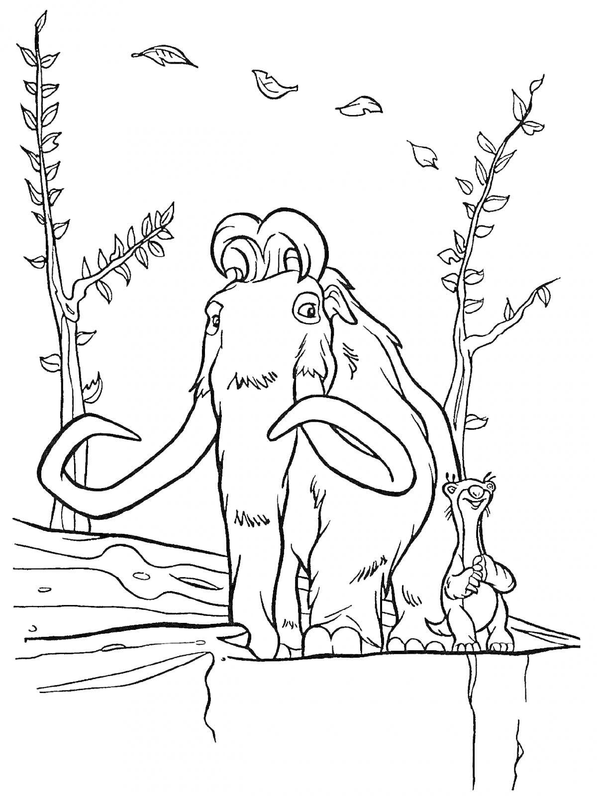 Раскраска Мамонт и ленивец на ледяной скале, деревья с листьями и падающие листья
