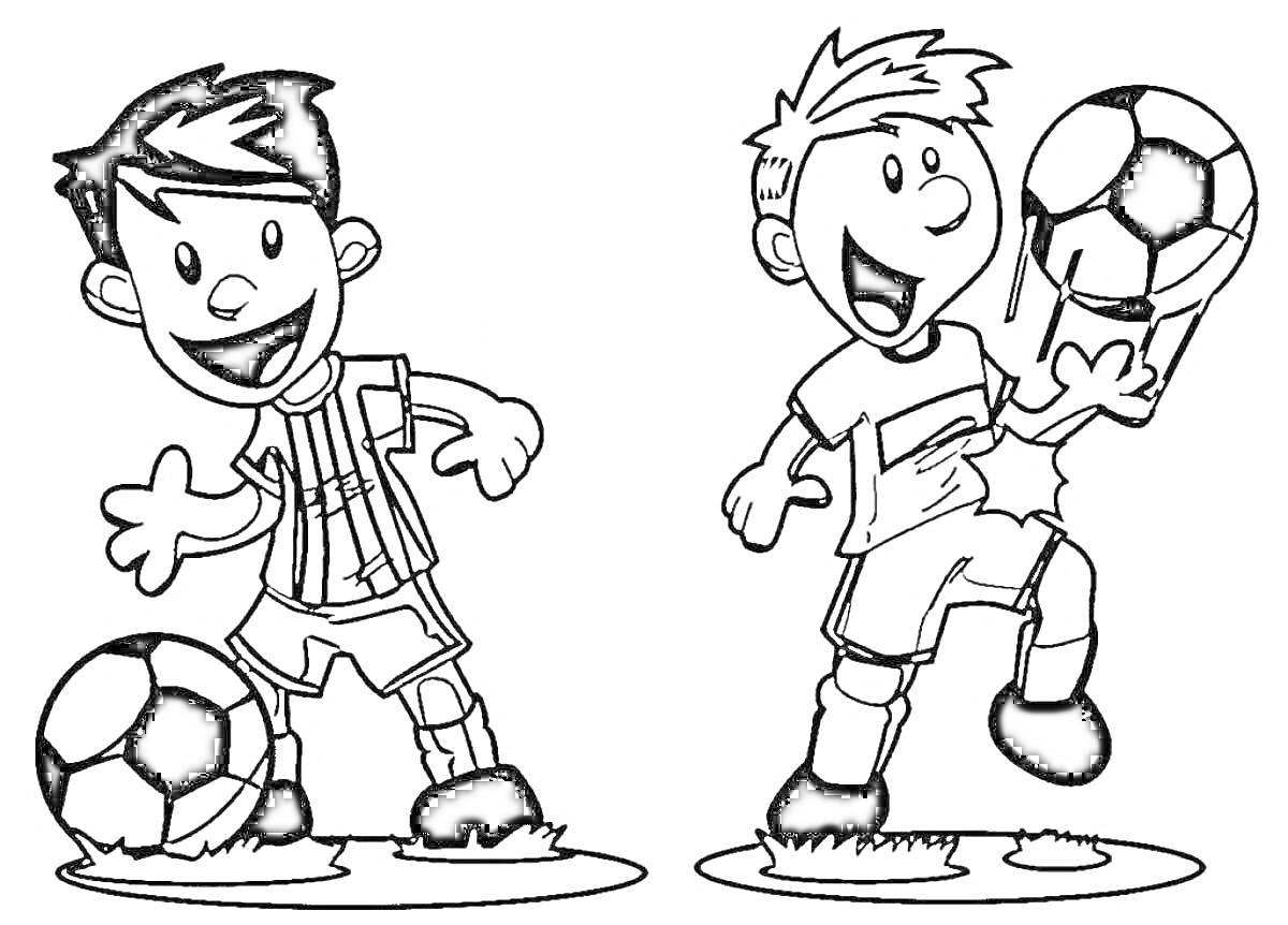 Два мальчика в футбольной форме с мячами, футбольные поля