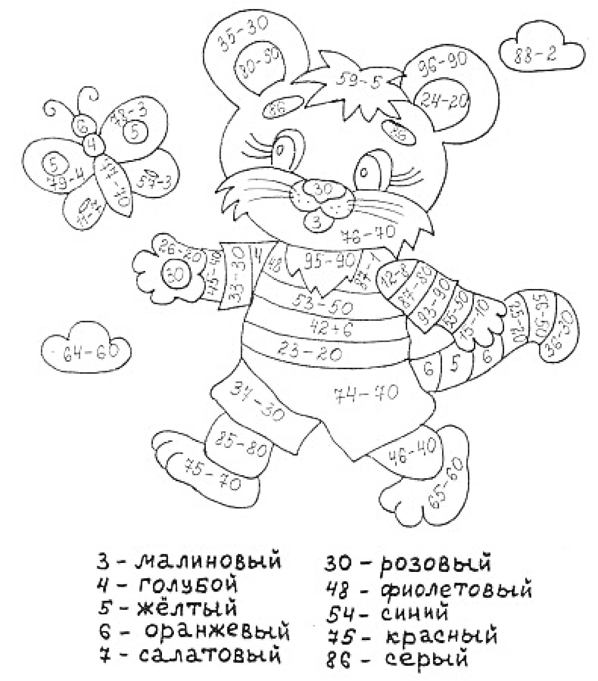 Раскраска Раскраска по математическим примерам с изображением тигренка и бабочки