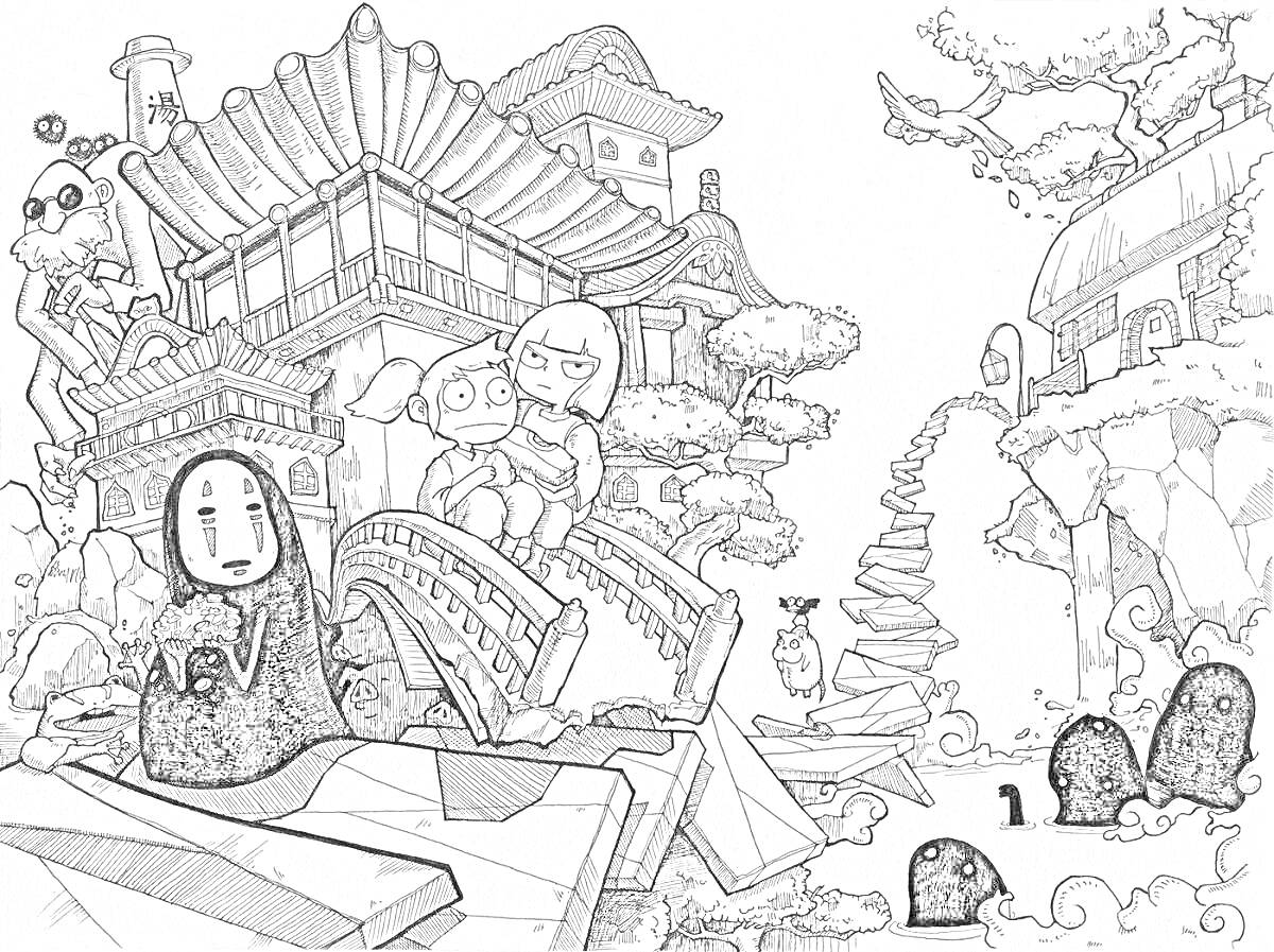 Раскраска Персонажи Хаяо Миядзаки на фоне японской архитектуры и природы, мост с персонажем без лица, персонажи на мосту, храм, каменный путь, деревья, облака
