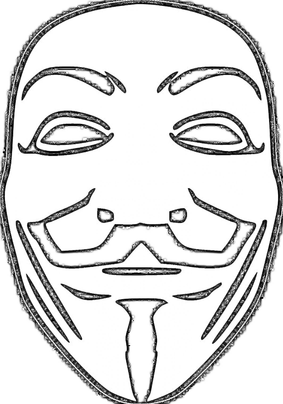 Маска Анонимуса, черно-белая, с усами и бородкой, улыбающееся лицо