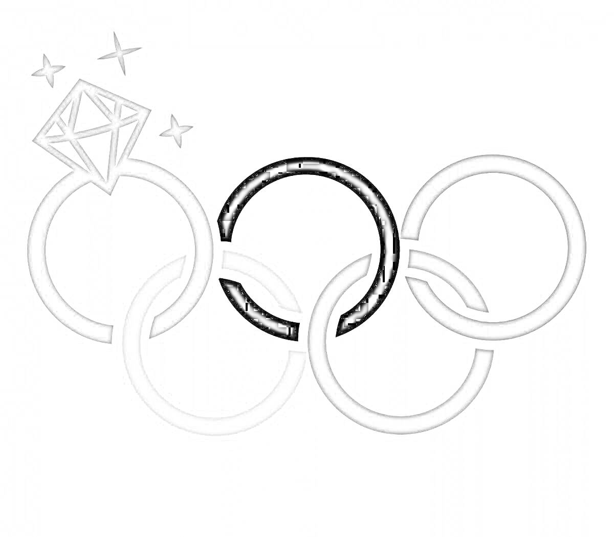 На раскраске изображено: Олимпийские кольца, Алмаз, Звезды, Спорт, Олимпийские игры, Логотипы