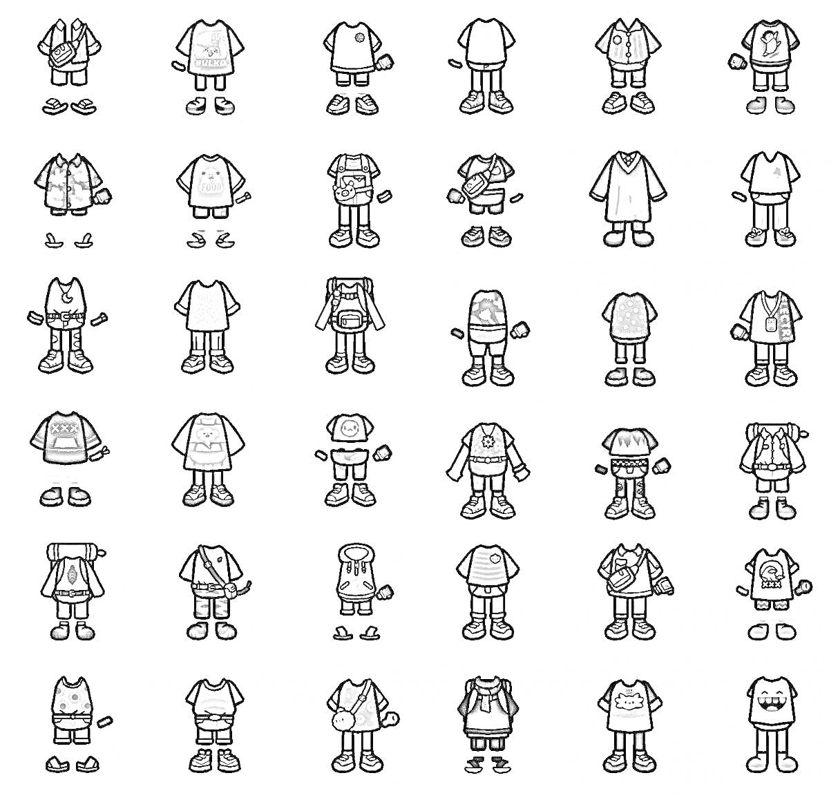 Раскраска Персонажи из Тока Бока без одежки и с одежками (разные костюмы на персонажах)