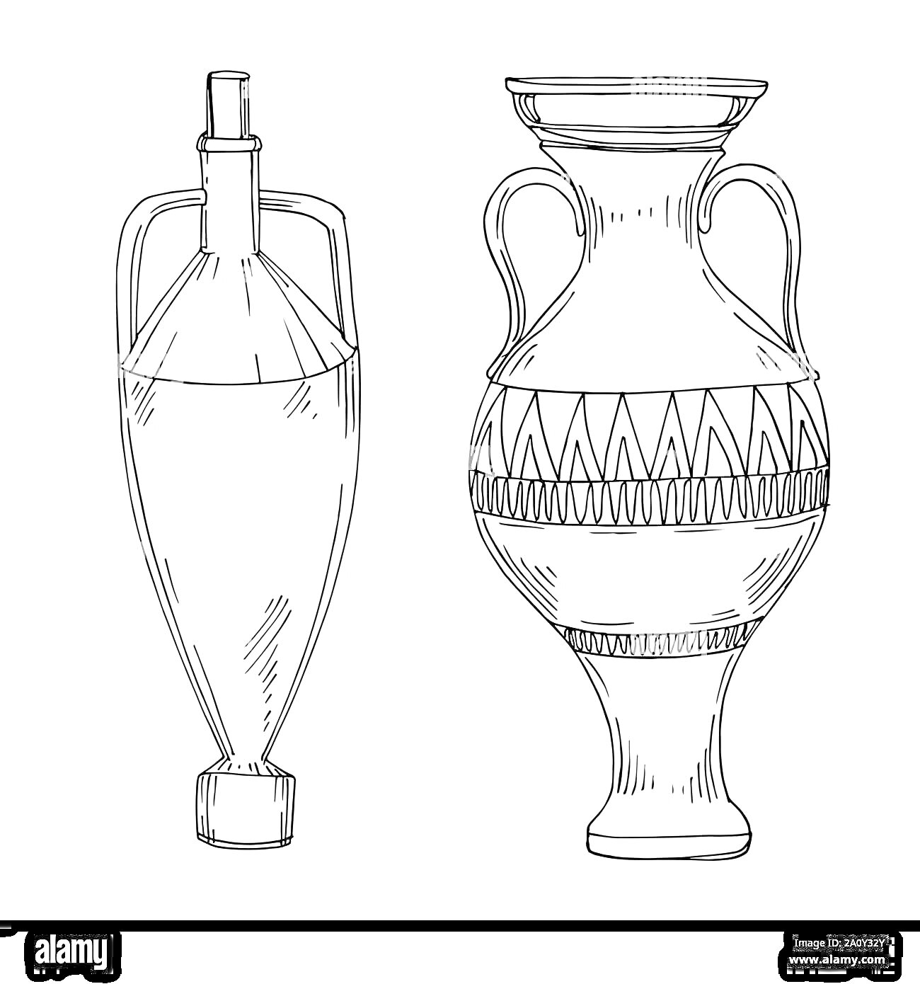 Две амфоры: одна удлиненная с двумя ручками и узким горлышком; другая с узором, двумя ручками и широким горлышком