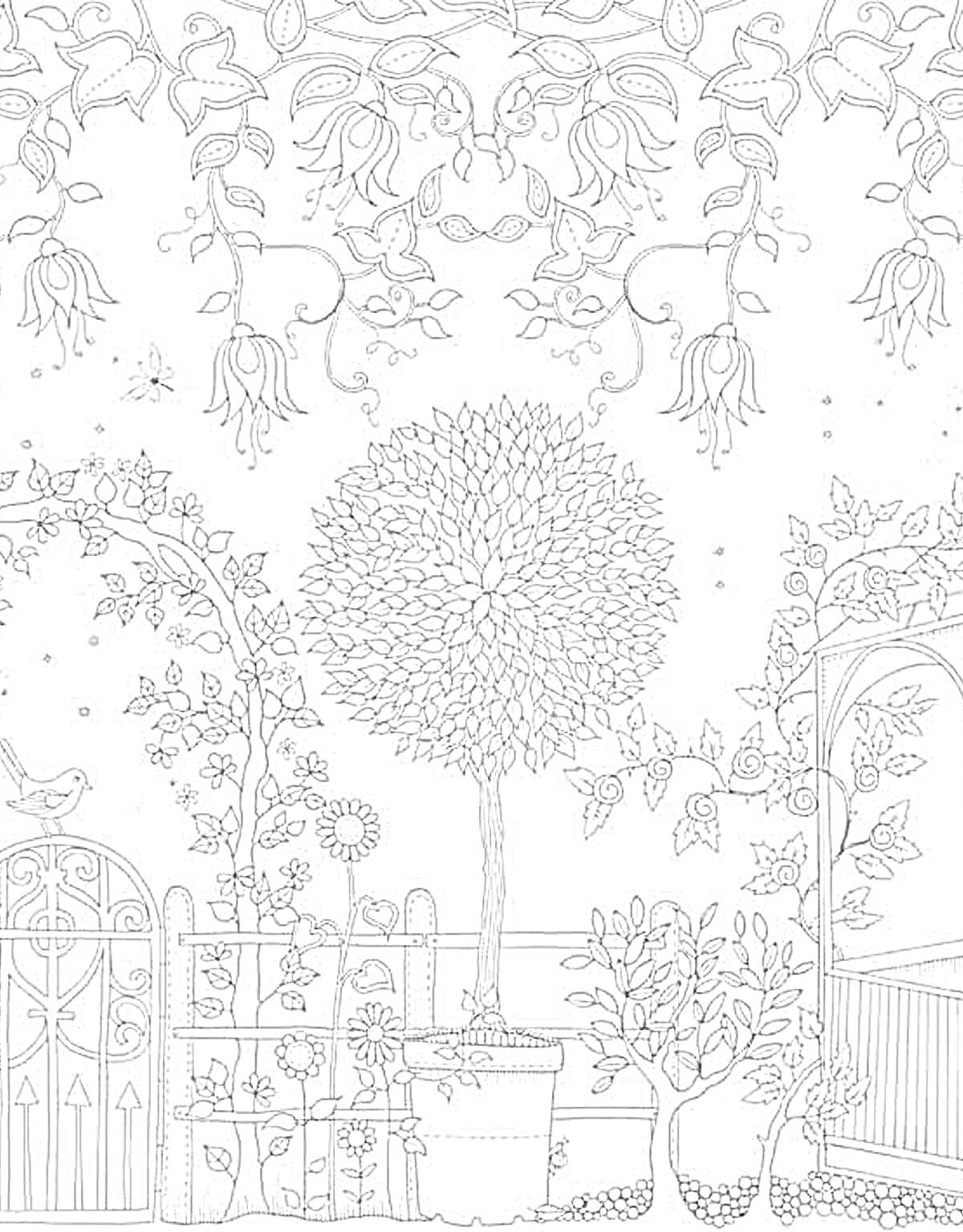 Раскраска Волшебный лес с деревом в горшке, аркой, забором и птичкой