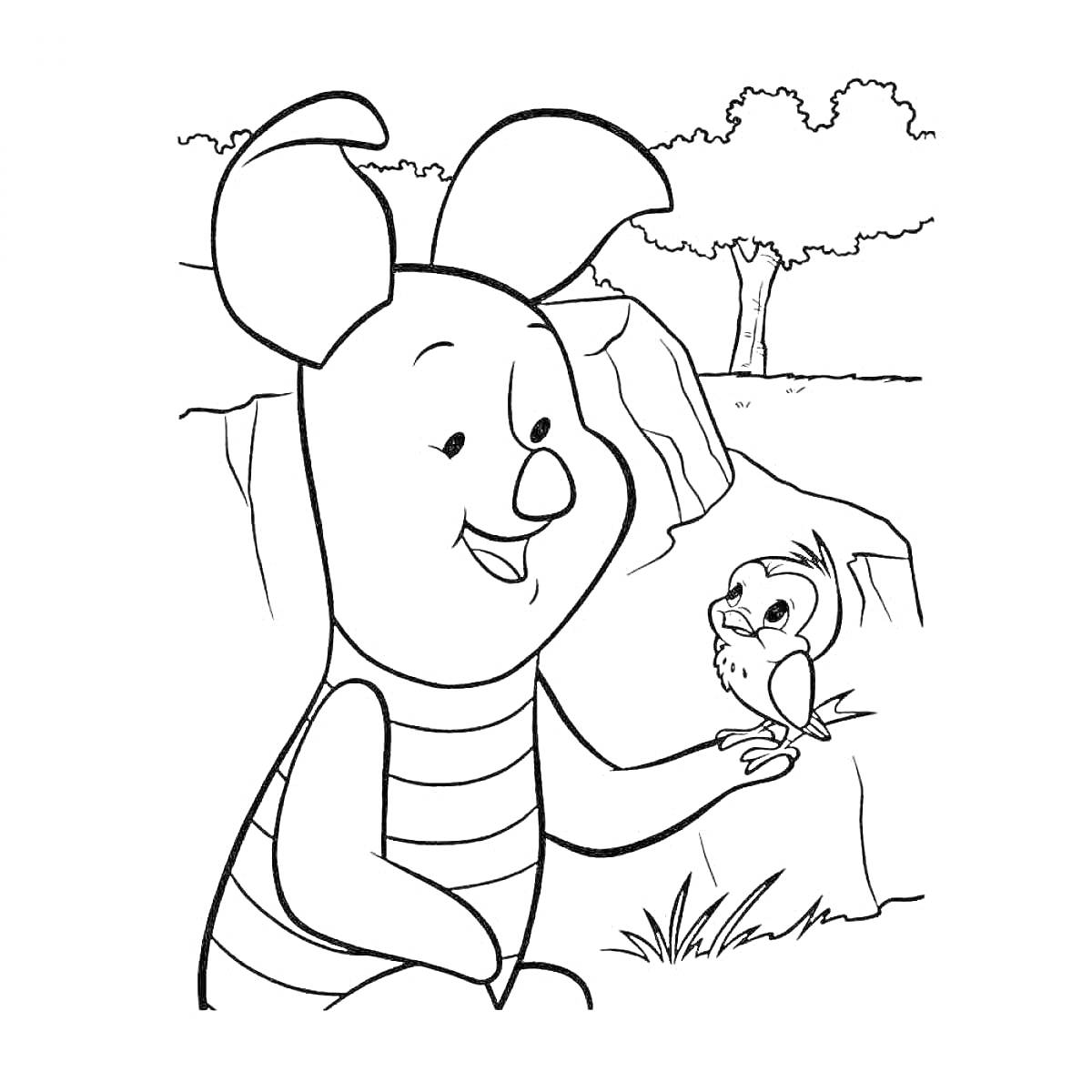 Персонаж с большими ушами и полосатой майкой общается с птичкой на фоне природы (деревья, камни, трава)