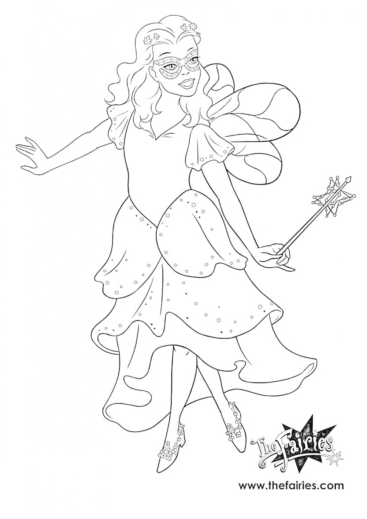 Раскраска Волшебница с длинными волнистыми волосами, в очках, с крыльями, в платье с несколькими слоями юбки, держащая волшебную палочку и на каблуках