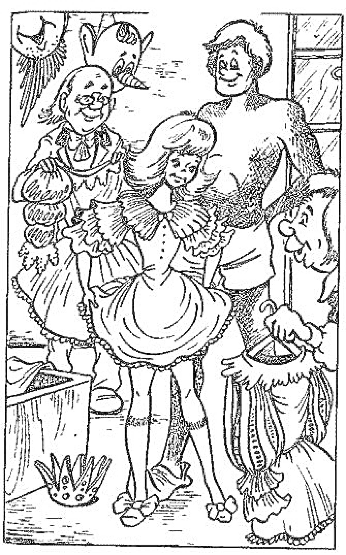 На раскраске изображено: Три толстяка, Девочка, Пышное платье, Клоуны, Помещение, Спектакль