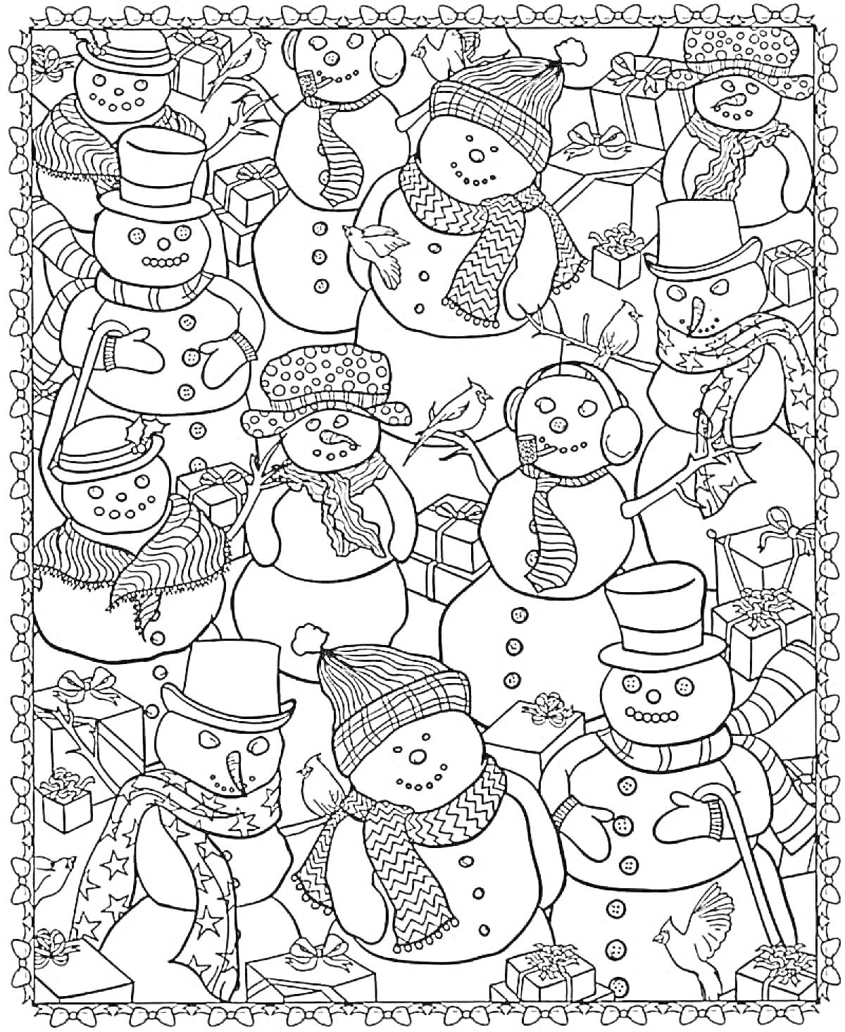 На раскраске изображено: Снеговики, Новый год, 2023, Подарки, Елочные украшения, Зимние шапки, Снег