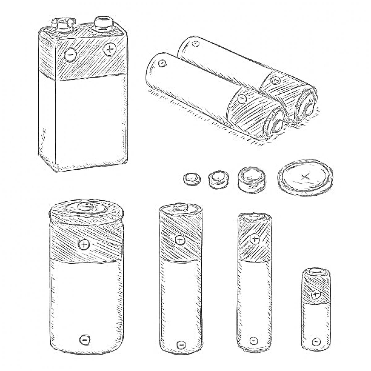 Раскраска Различные типы батареек (квадратная батарейка, цилиндрические батарейки, маленькие кнопочные батарейки)
