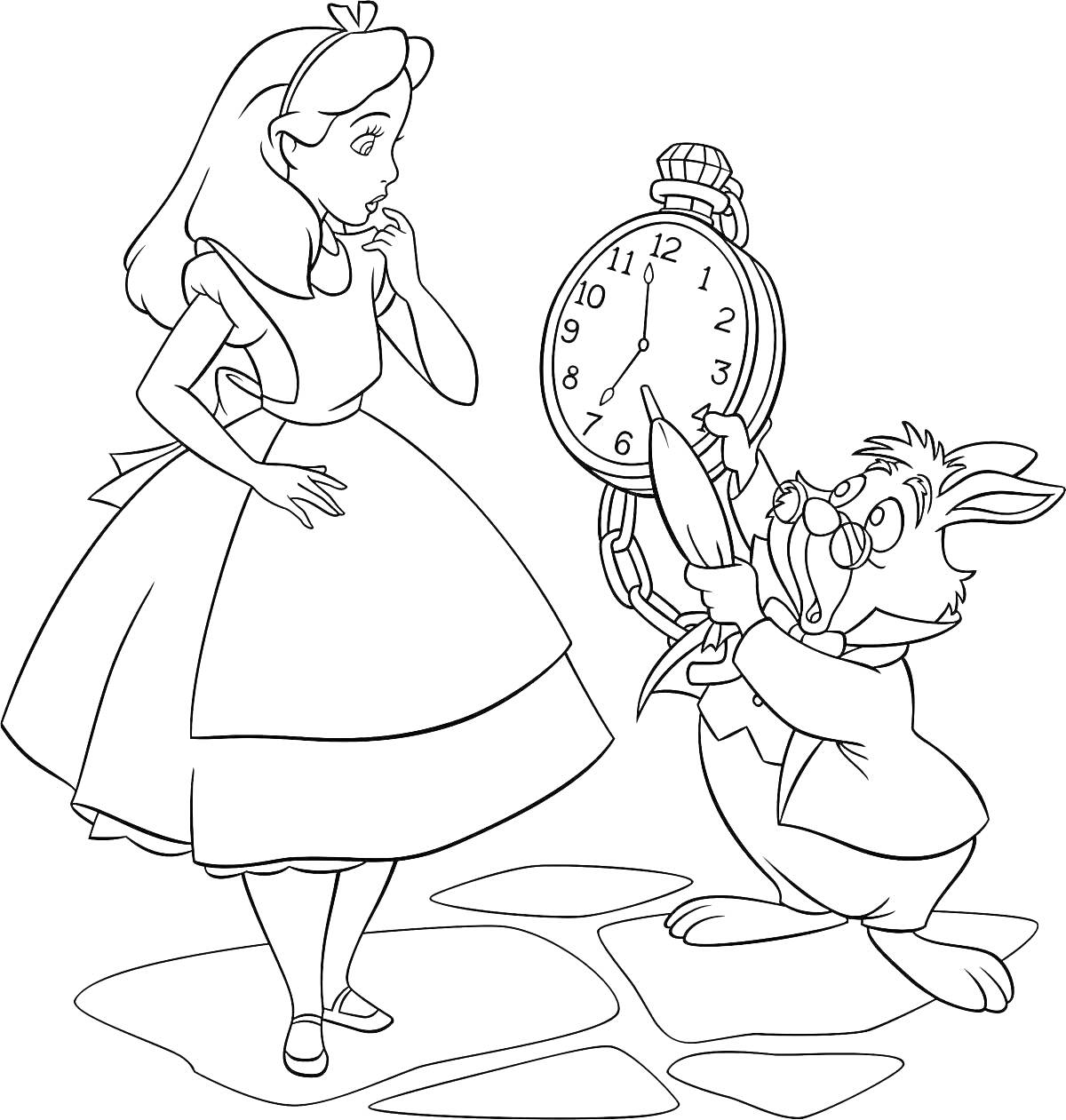 На раскраске изображено: Алиса, Белый Кролик, Часы, Приключения, Из сказок, Камни