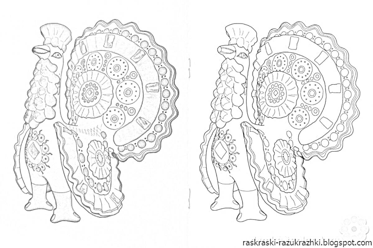 Раскраска Дымковская игрушка - расписной петух с большим хвостом и узорами