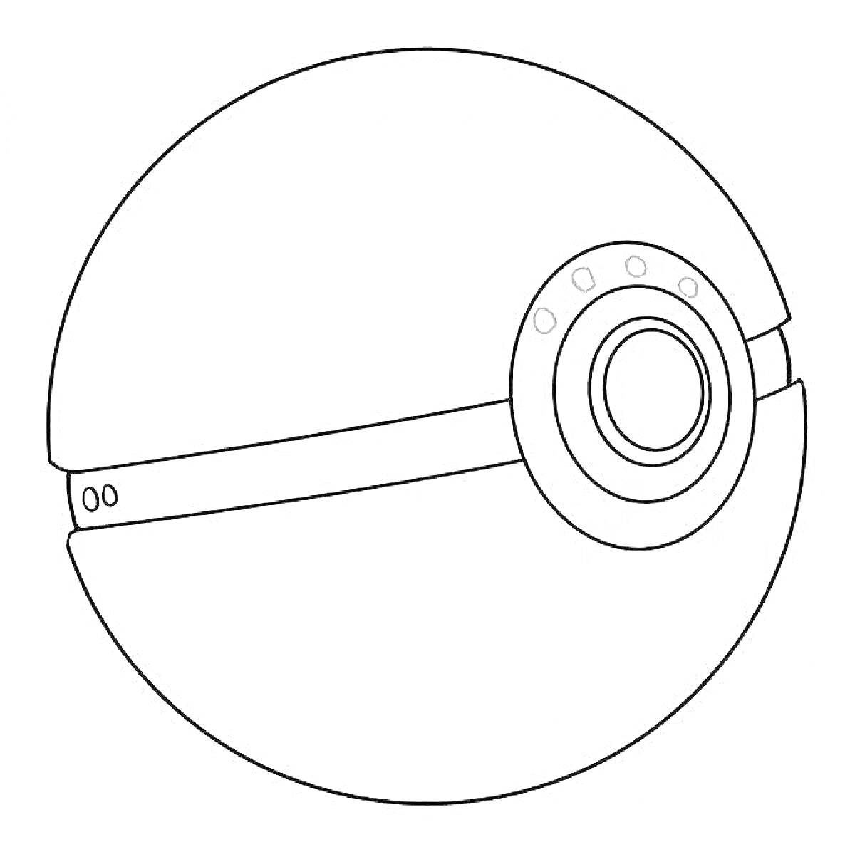 Раскраска Покебол с центральным круглым элементом и кнопкой на горизонтальной полосе