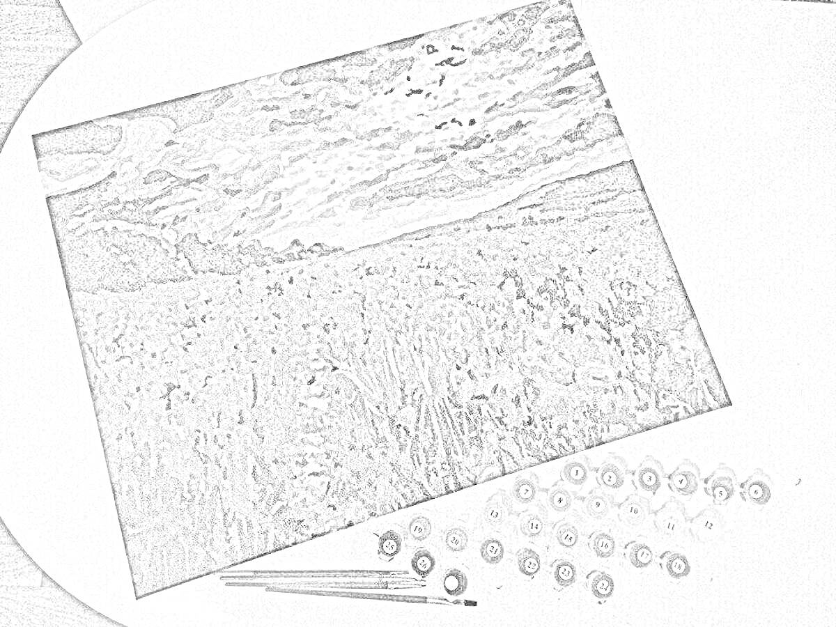 Раскраска Пейзаж с облачным небом, полем и летящими птицами, в наборе кисти и краски