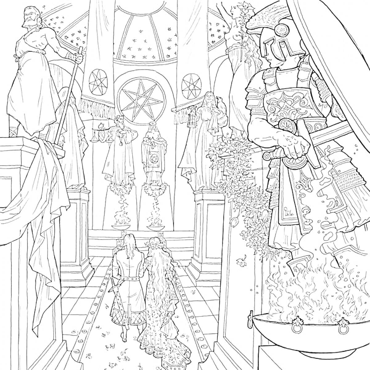 Раскраска Внутренний интерьер с религиозной символикой, персонажи входят в зал с лавровыми листьями, стражник с правой стороны, разнообразные статуи и декорации на стенах