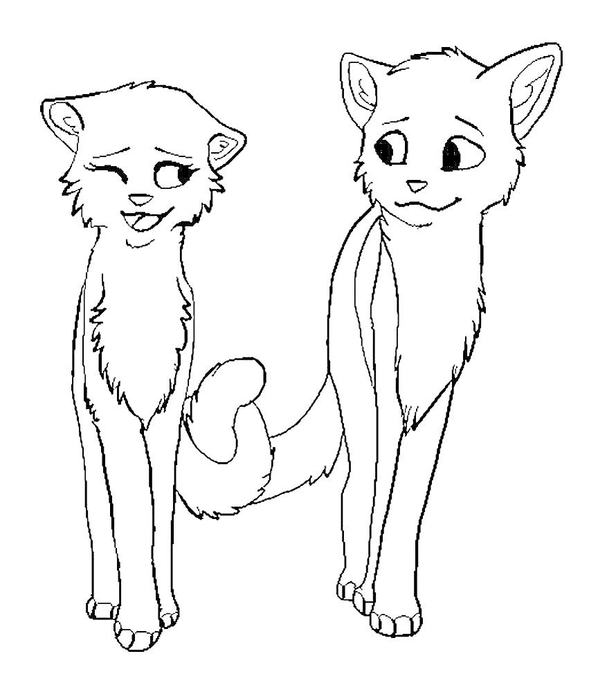 Раскраска Две улыбающиеся кошки с поднятыми ушками, стоящие рядом