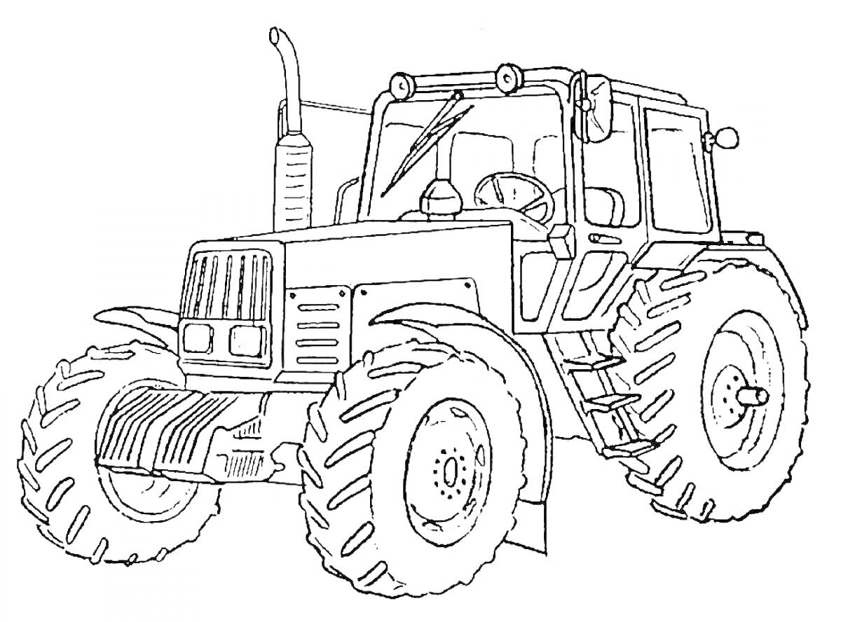 На раскраске изображено: Трактор, Сельскохозяйственная техника, Большие колеса, Кабина водителя, Лестница