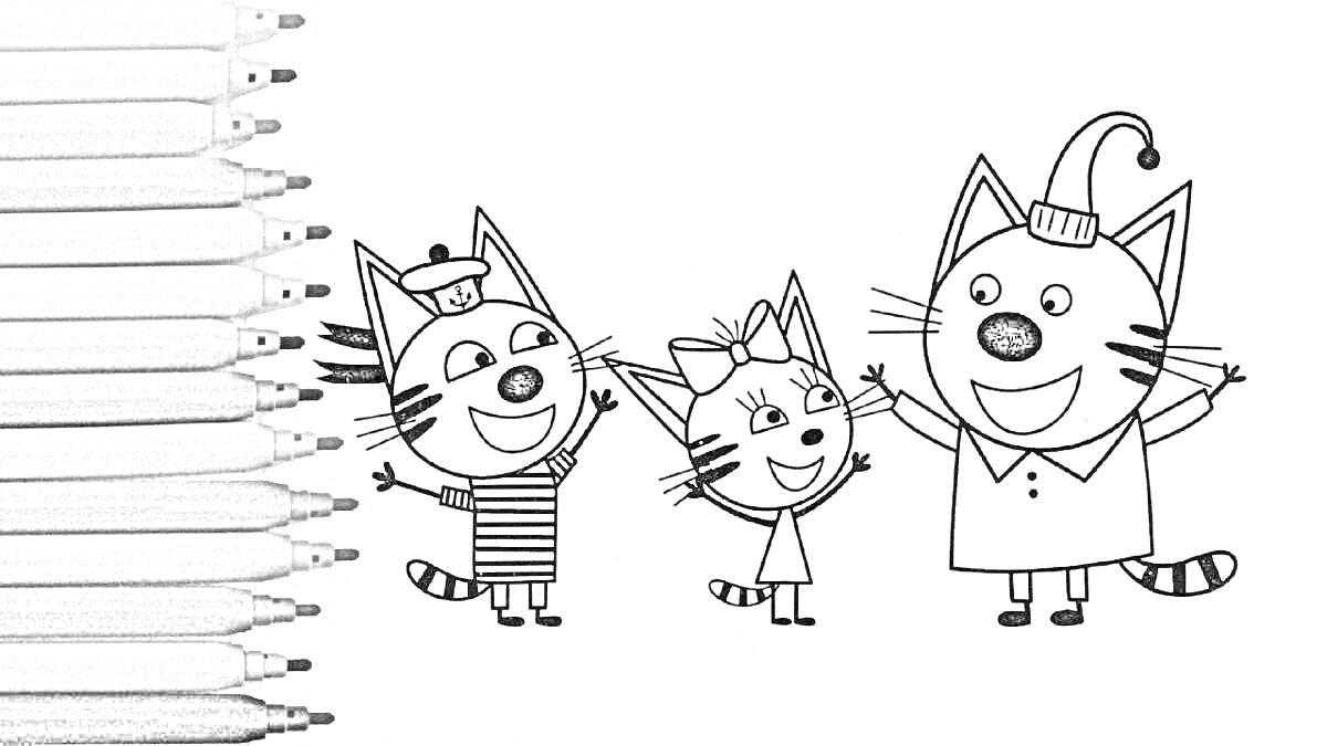На раскраске изображено: Три кота, Для детей, Из мультфильмов, Карандаши, Творчество, 3 года, 4 года, Кот
