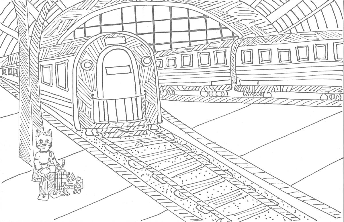 На раскраске изображено: Вокзал, Поезд, Крыша, Окна, Персонаж, Багаж, Железная дорога, Рельсы, Путешествия