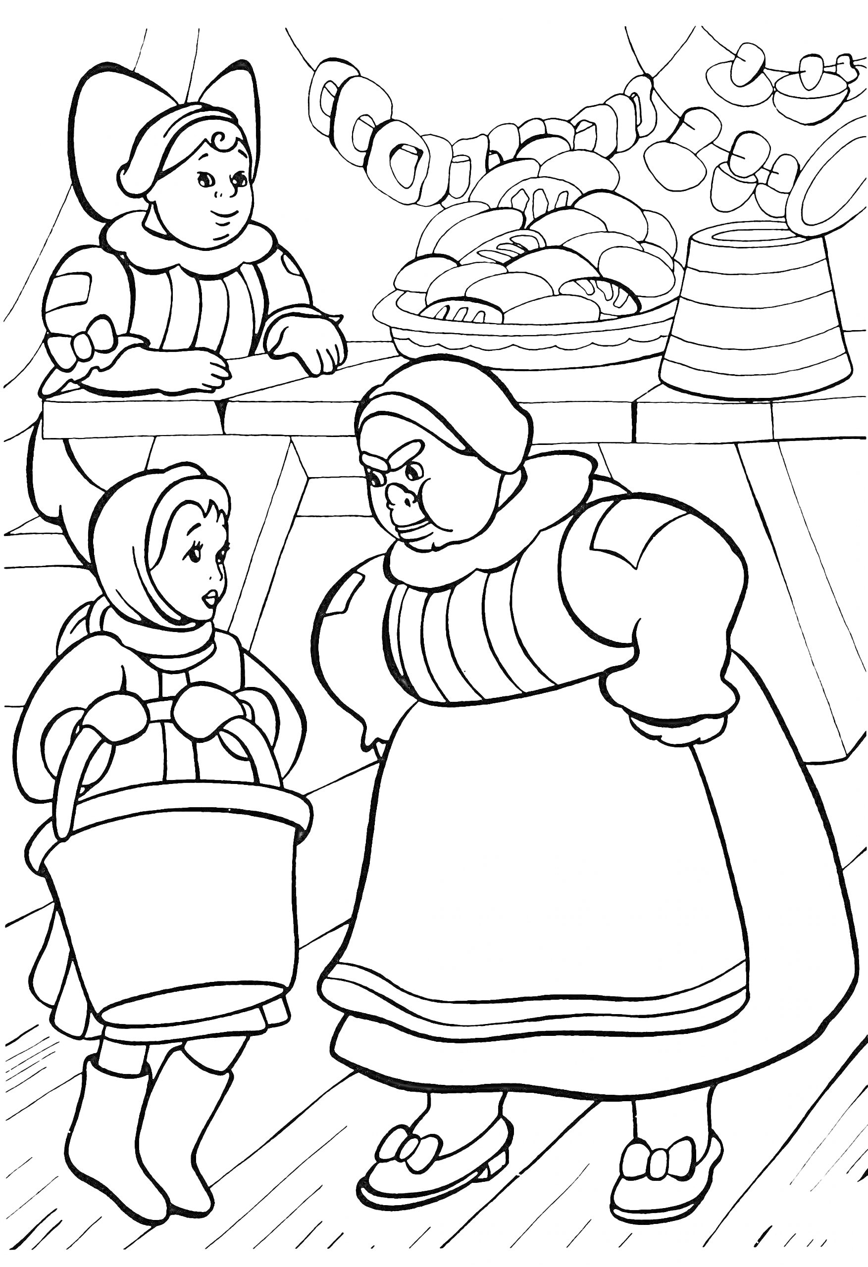 Раскраска Рынок в новогодней сказке, продавщица, покупательница с корзиной, лавка с хлебом и колбасой