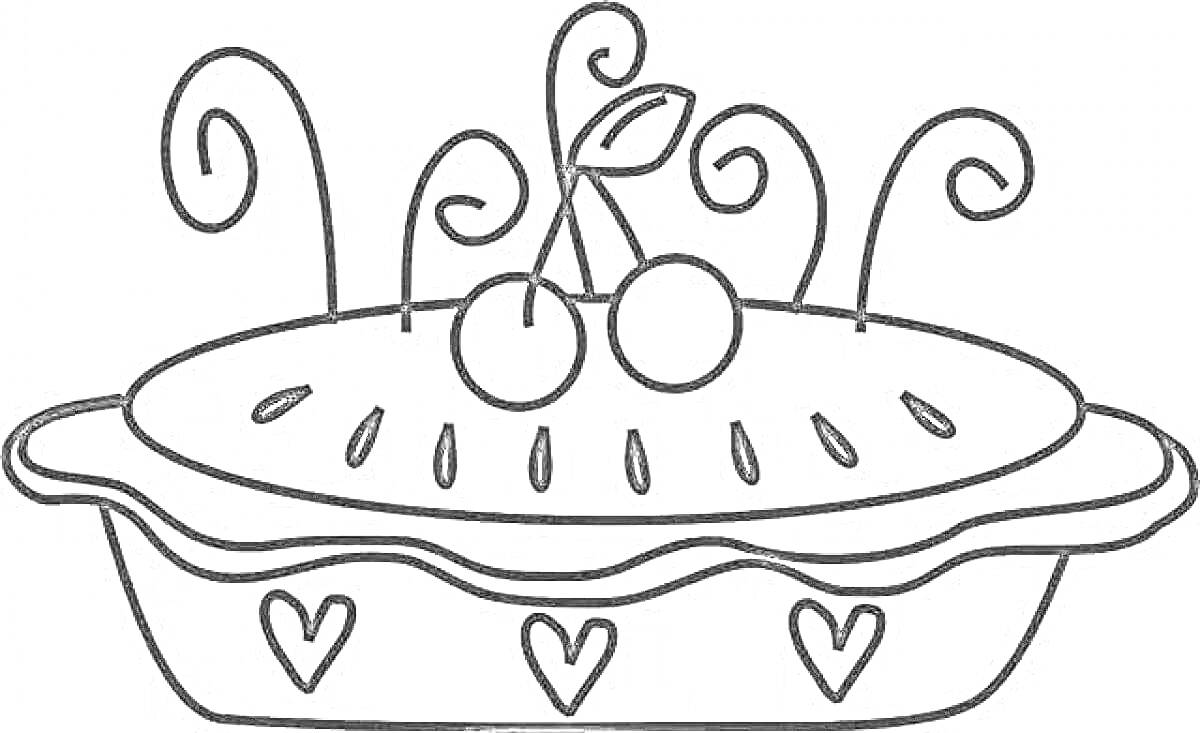Раскраска Пирог с вишней, декорированный сердечками и завитками