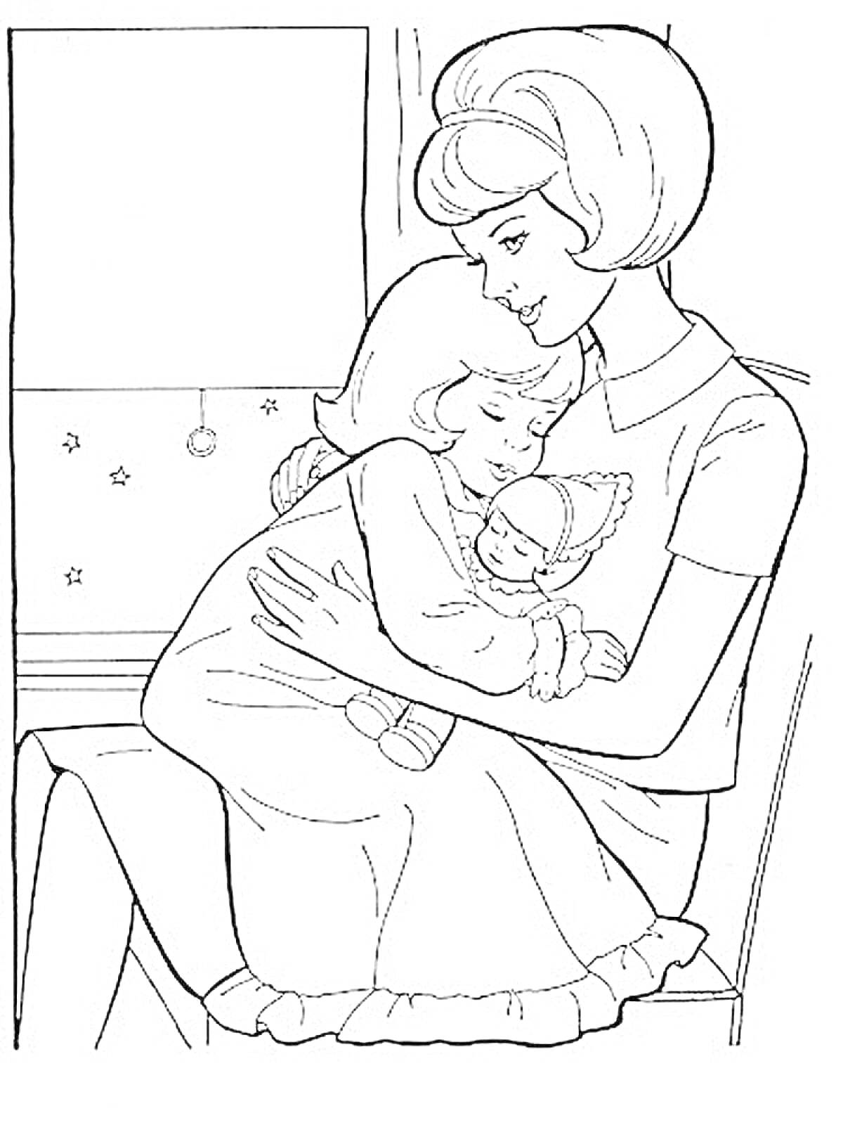 Раскраска Мама обнимает ребенка, который держит куклу, возле окна