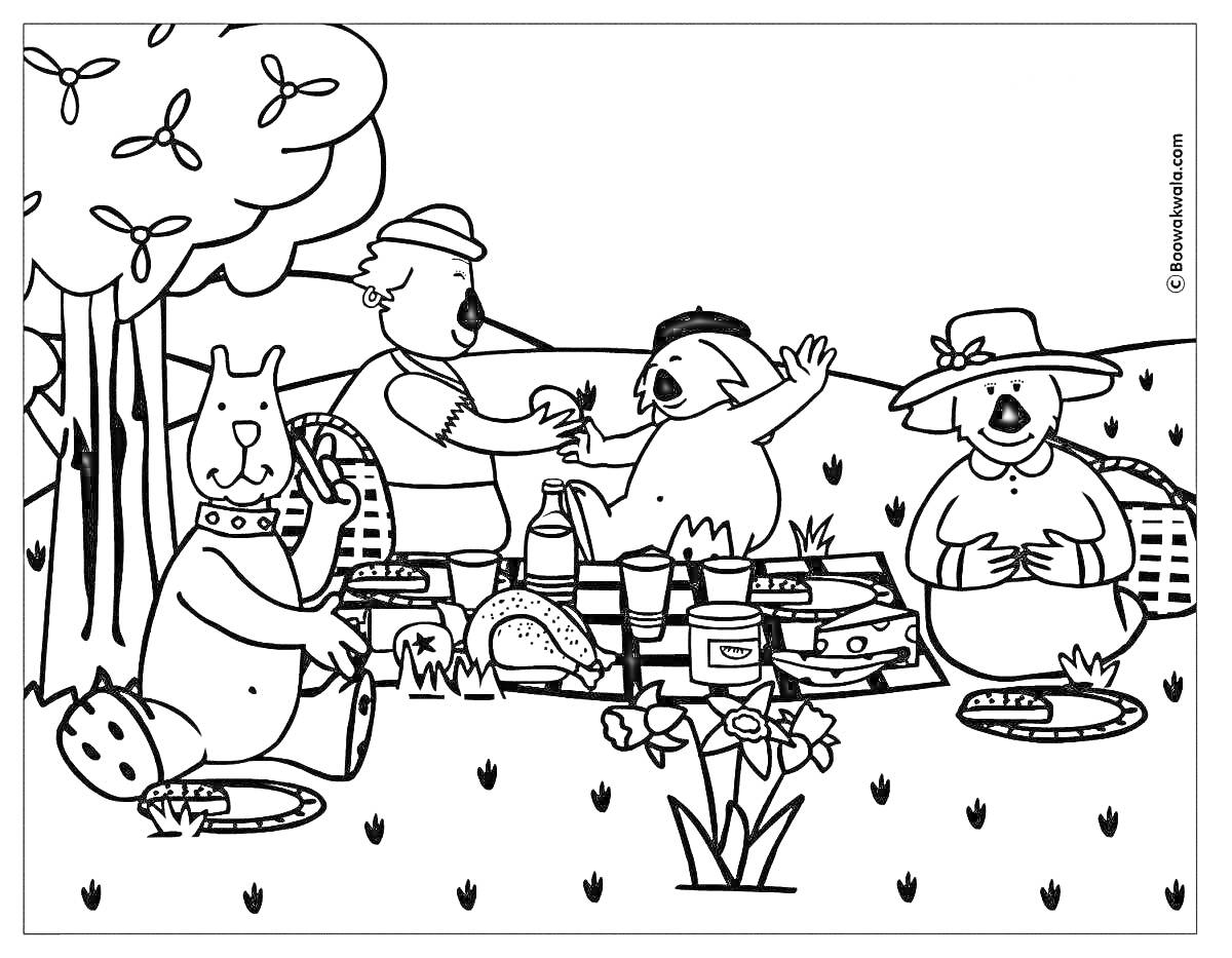 Раскраска Пикник с животными и человеком под деревом