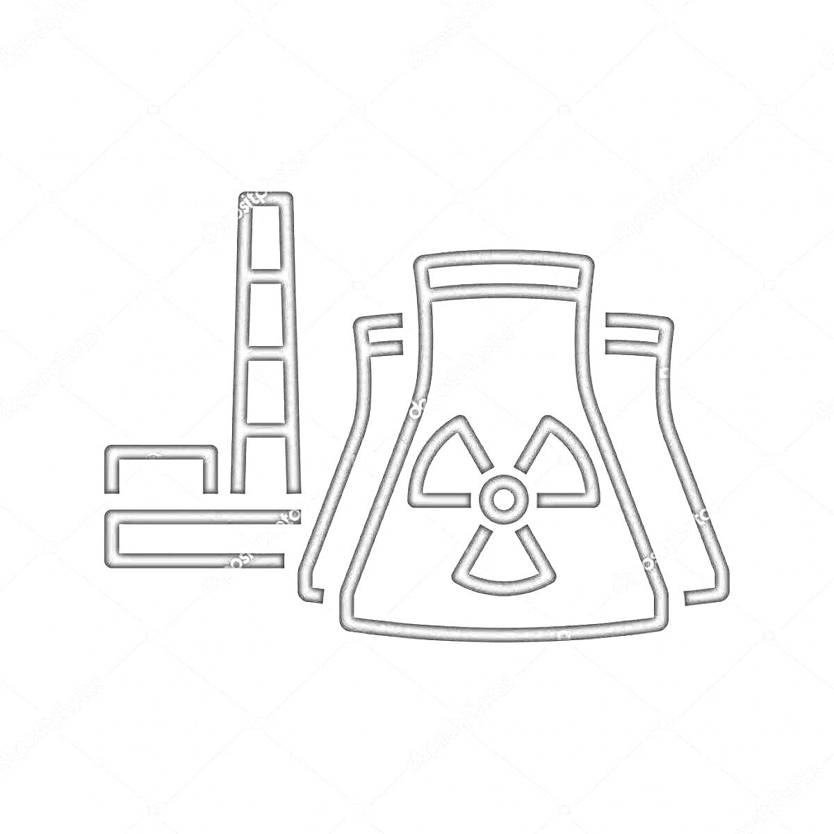 Раскраска Атомная станция с двумя градирнями, символом радиации и трубой