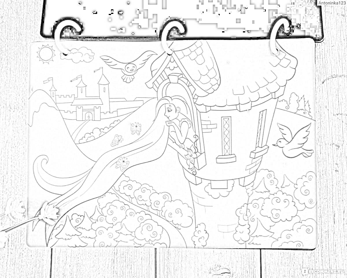 На раскраске изображено: Принцесса, Замок, Длинные волосы, Скалы, Природа