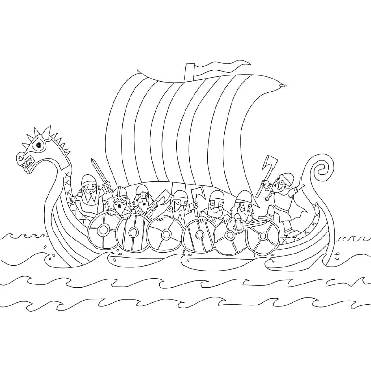 На раскраске изображено: Корабль, Море, Царь Салтан, Дракон, Весла