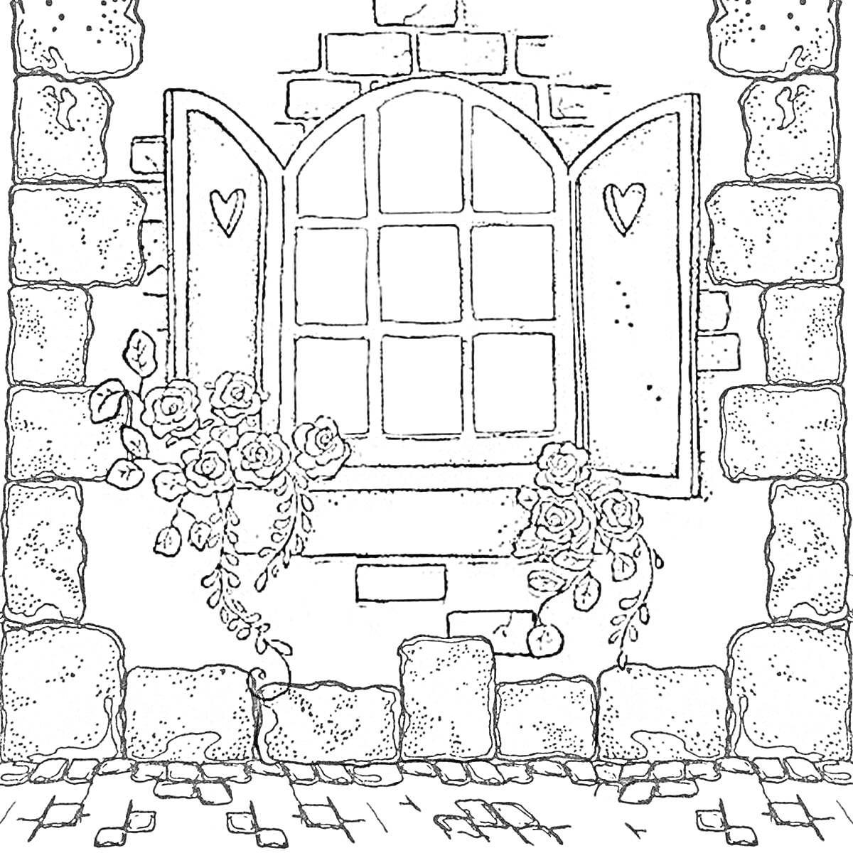 На раскраске изображено: Каменная стена, Розы, Цветы, Вид из окна, Кирпичи