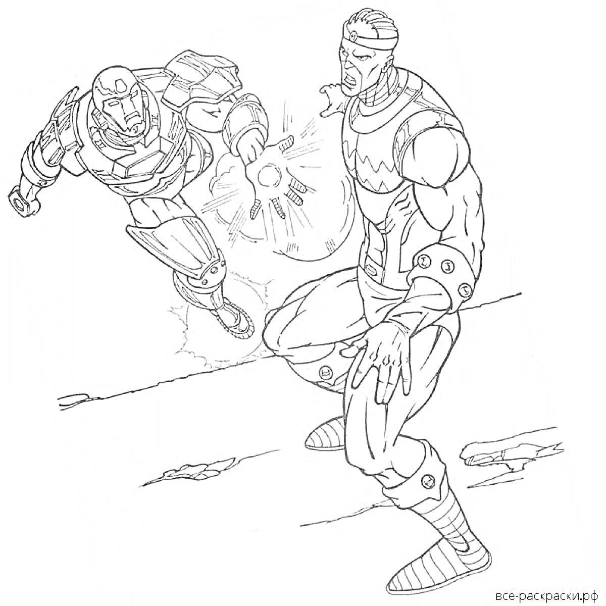 Раскраска Драка двух супергероев - один летящий в железном костюме с атакующим лазером, другой на земле в боевой позе.