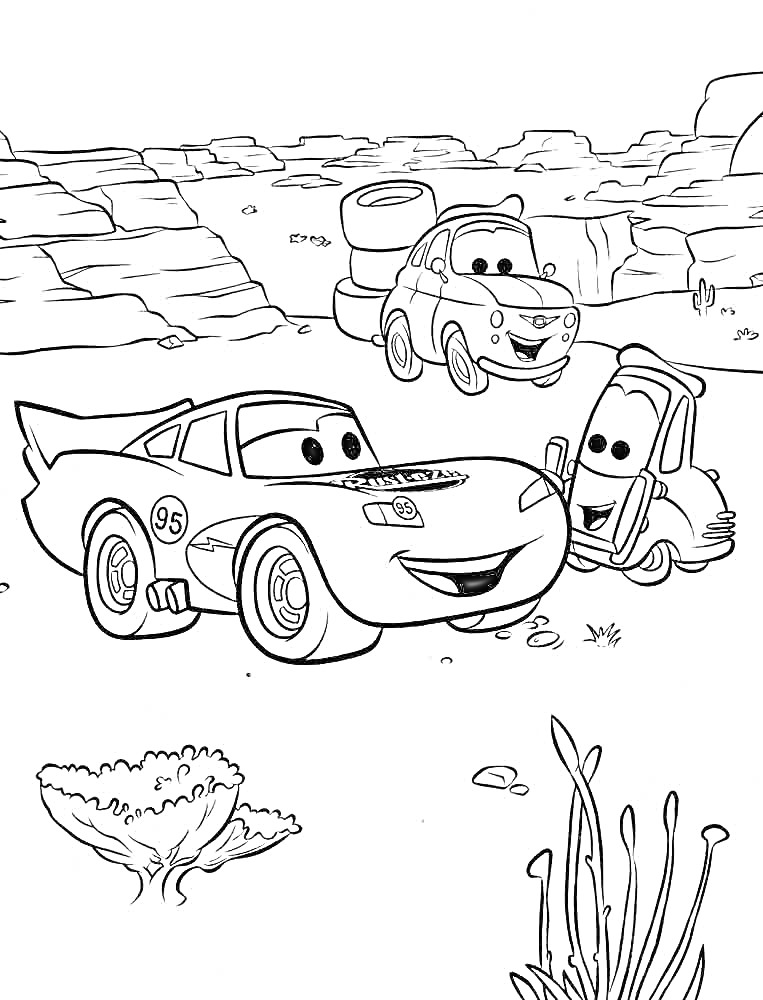 Раскраска Гоночная машина, итальянская машинка и жёлтая машинка на фоне скал