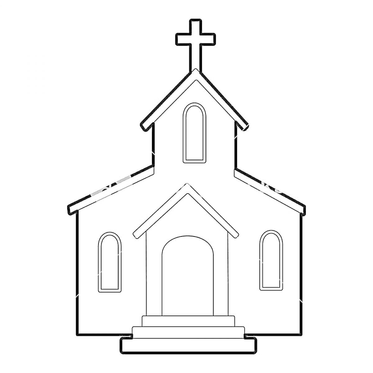 Раскраска храм с крестообразным шпилем, арочными окнами и входом с лестницей