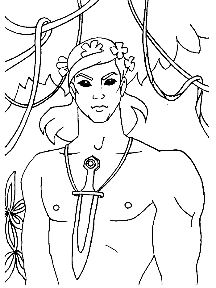 Раскраска Маугли с цветами в волосах и кинжалом на шею, на фоне джунглей с лианами