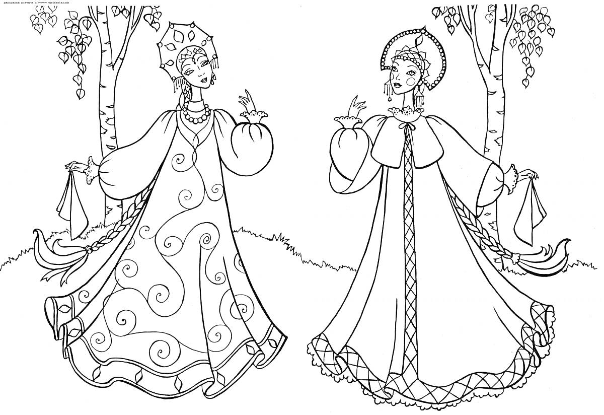 Раскраска Две женщины в русском народном костюме под березами, длинные платья с узором, кокошники, рукава-баллоны, ведущие хоровод