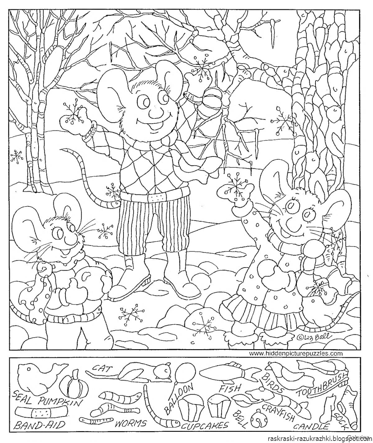 Раскраска Мыши в зимнем лесу с предметами для поиска (тюлень, тыква, лейкопластырь, кошка, червяки, банан, рыба, цветы, кекс, конфета)