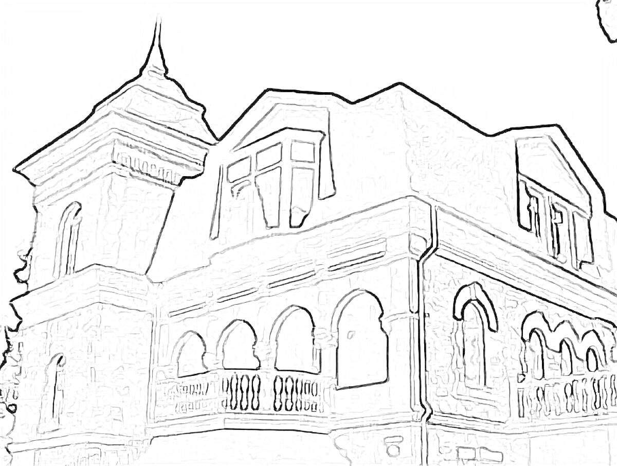 Раскраска таинственный особняк с башенкой, арочными окнами и балконами