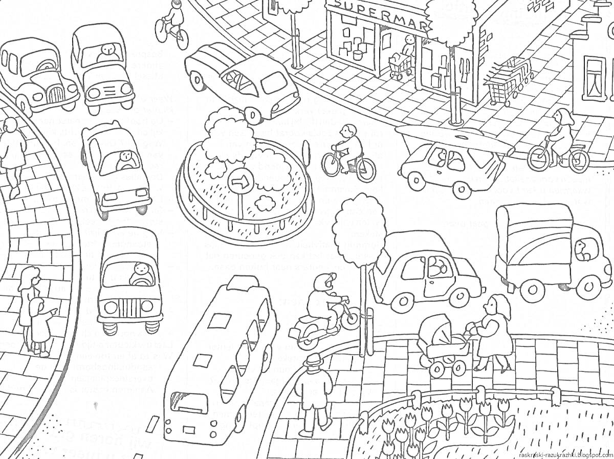 Раскраска Городская улица с транспортом и пешеходами - машины, мотоциклы, велосипедисты, автобус, круговое движение, уличные фонари, магазин, люди на прогулке и мамы с колясками, клумба с цветами