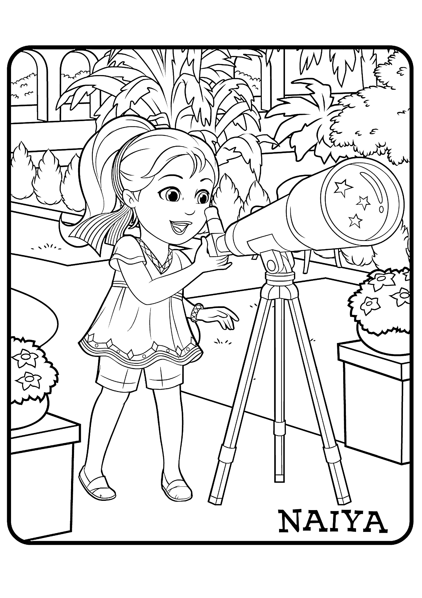 Девочка по имени Найя рассматривает небо через телескоп, находятся в саду с цветами и кустами