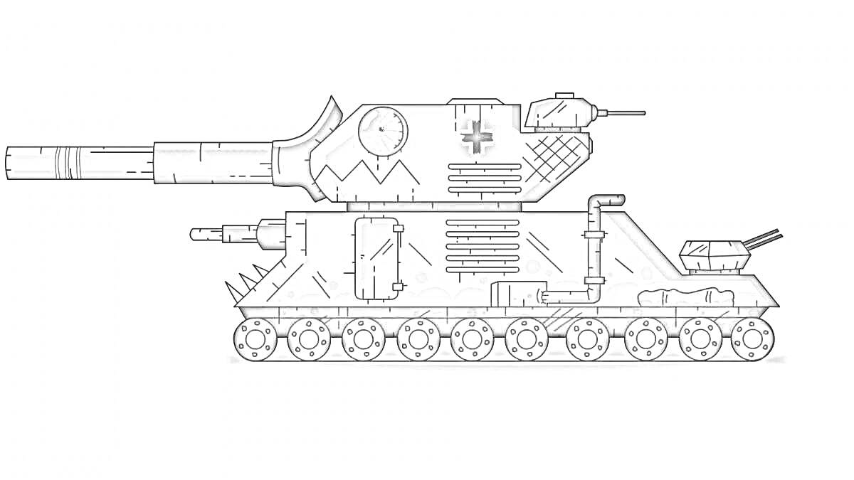 На раскраске изображено: Танк, Геранд, Гусеничный, Орудие, Техника, Военная машина