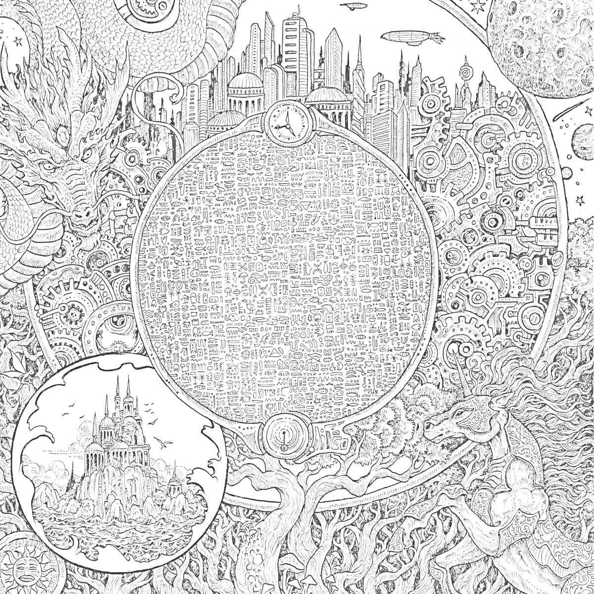 Раскраска Город небоскребов с драконами, замком и фантастическими существами
